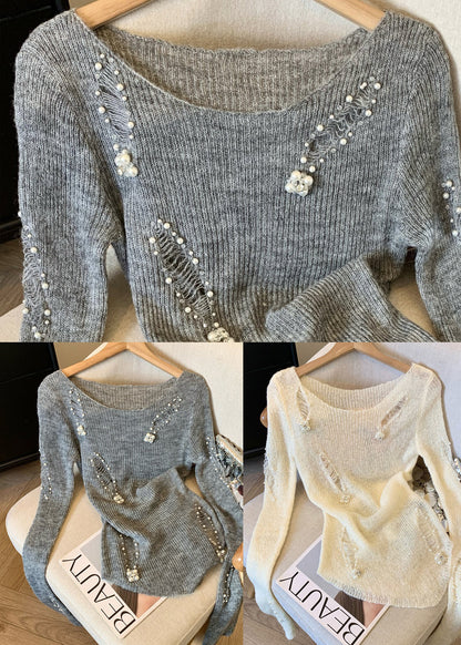Modern Grey Nail Bead Hollow Out Knit Tops Spring
