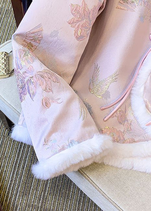 Pink Fur Collar Chinese Button Thick Parkaer Winter