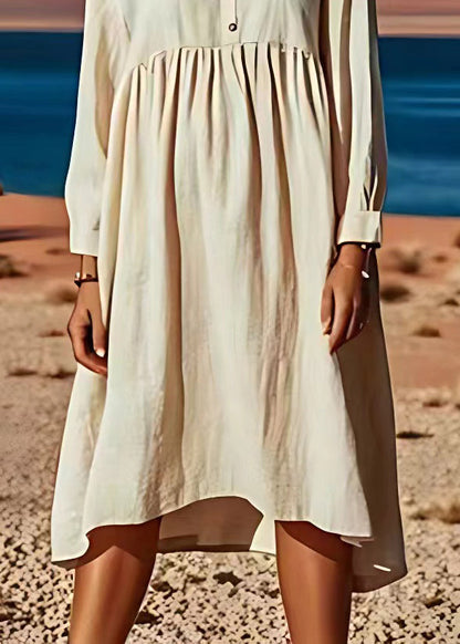 Beige V Neck Wrinkled Patchwork Linen Dresses Long Sleeve