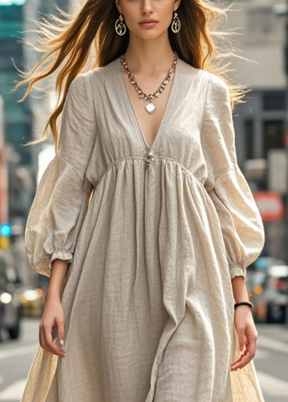 Beige Oversized Cotton Long Dresses Fall