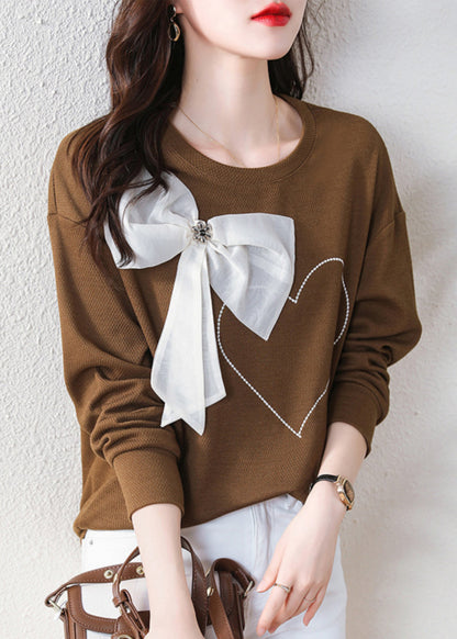 Stylish Coffee O Neck Bow Cotton Sweatshirt Spring