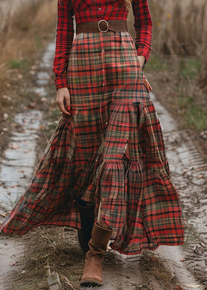 Colorblock Plaid Wrinkled Cotton Maxi Dresses Long Sleeve
