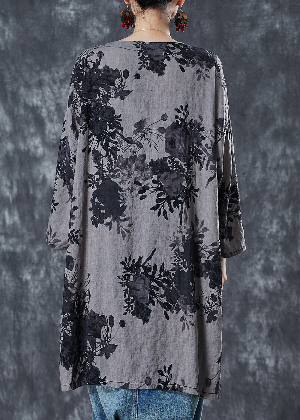 Diy Grey Oversized Print Cotton Long Shirt Summer
