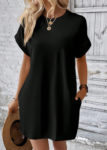 Black O Neck Cotton Mid Dresses Summer