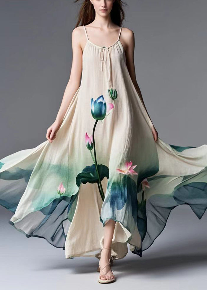 Beige Lotus Print Tie Dye Cotton Spaghetti Strap Dress Summer