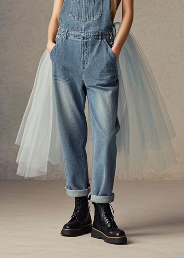 Blue Tulle Patchwork Denim Jumpsuit Spring