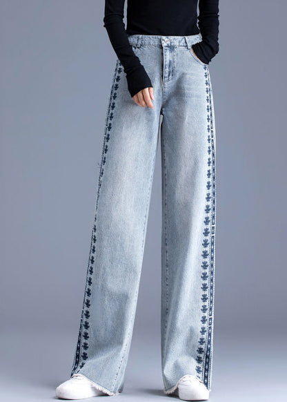 Blue Embroidered Pockets Patchwork Denim Pants Spring