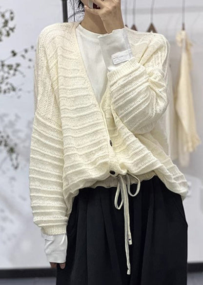 Light Apricot Button Cotton Knit Coats Long Sleeve