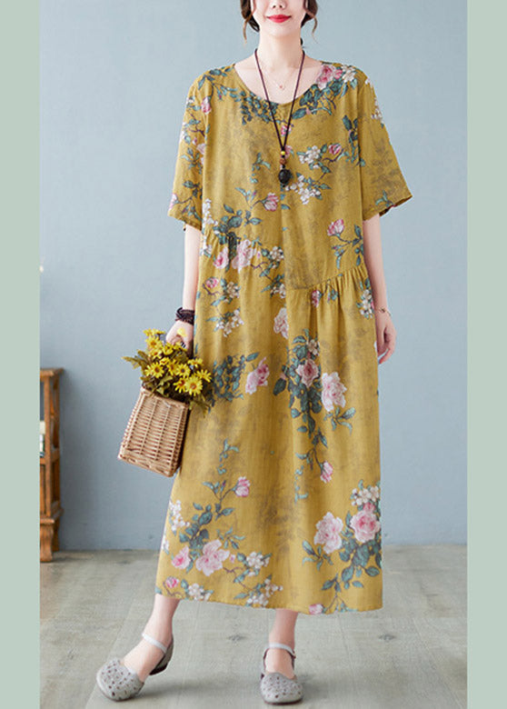 Yellow O-neck Print Maxi Dress Summer
