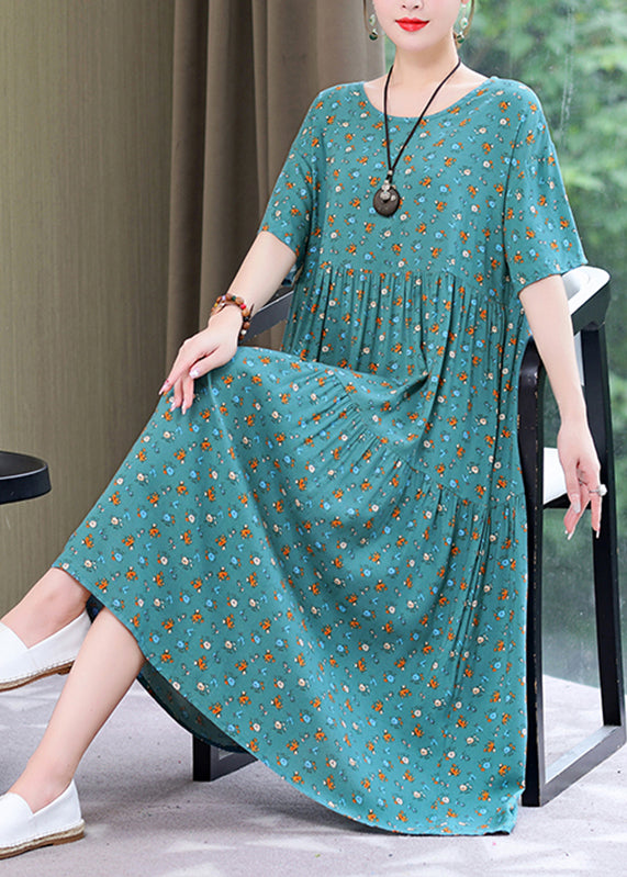 Style Yellow O-neck Print Wrinkled Long Dress Summer