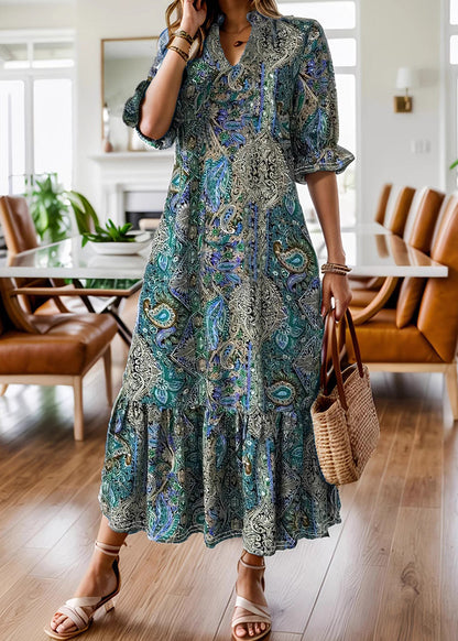 Red V Neck Print Wrinkled Patchwork Cotton Long Dresses Summer