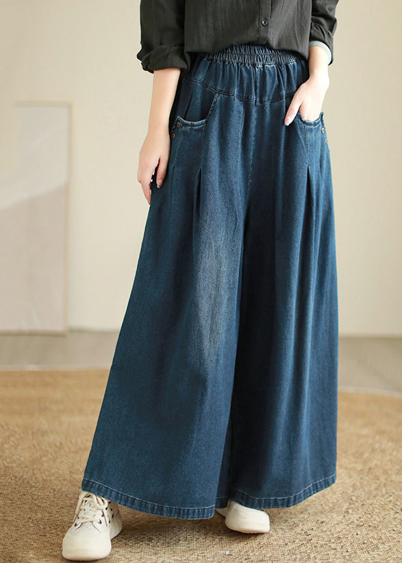 Denim Blue Pockets Elastic Waist Flare Pants Fall
