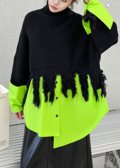 Black Green Hign Neck Asymmetrical Patchwork Knit Sweaters Fall