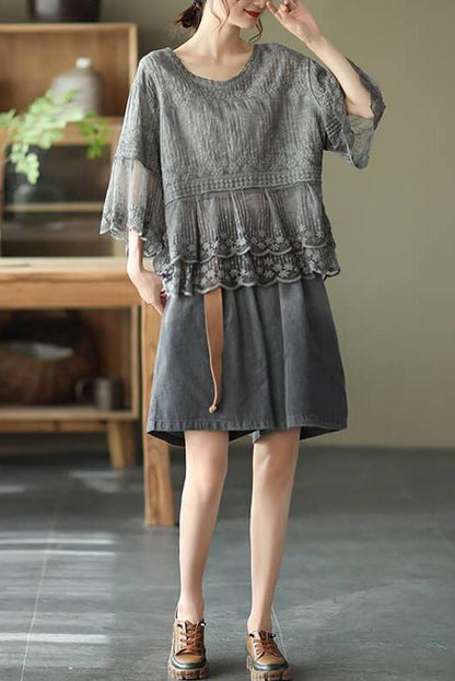 V Neck Lace Embroidered Shirt
