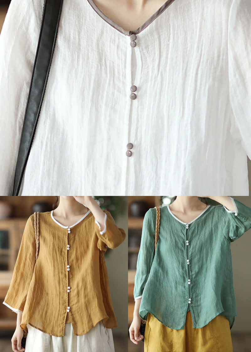 White O Neck Patchwork Linen Blouses Summer