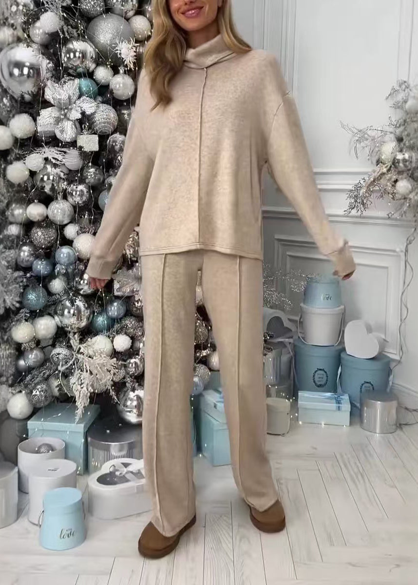 Grey Hign Neck Tops and Pants Cotton Two Piece Suit Set Spring