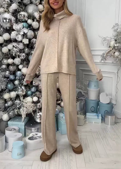 Grey Hign Neck Tops and Pants Cotton Two Piece Suit Set Spring