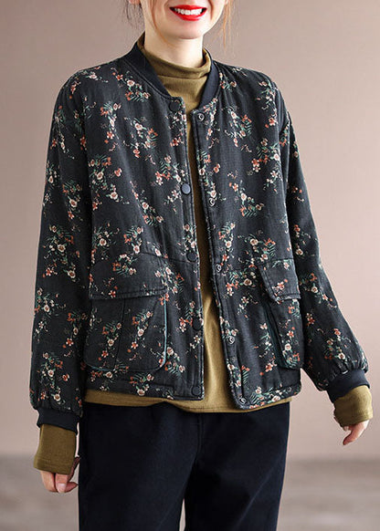 Black Stand Collar Pockets Fine Cotton Filled Jacket Spring