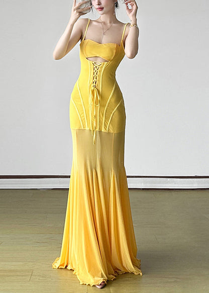 Slim Fit Yellow Lace Up High Waist Tulle Spaghetti Strap Dress Dress Sleeveless