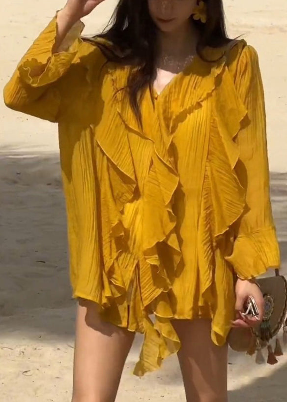 Stylish Yellow V Neck Ruffled Chiffon Shirts Flare Sleeve
