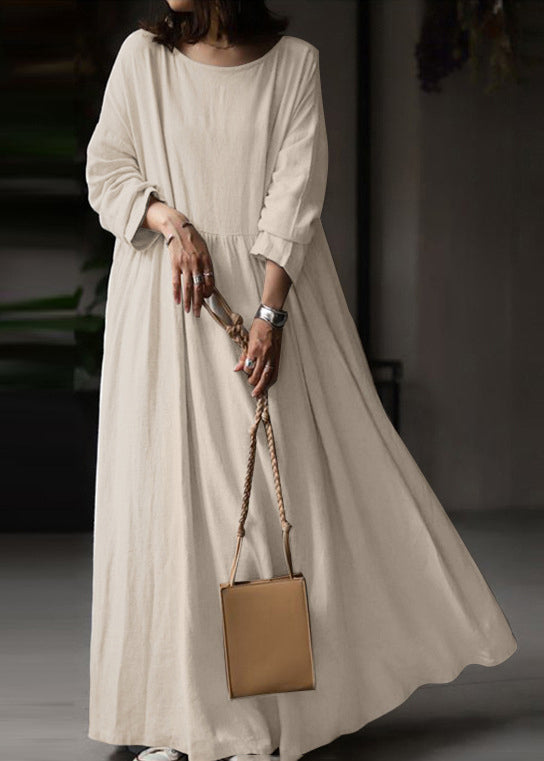 Beige O Neck Patchwork Cotton Ankle Dress Spring