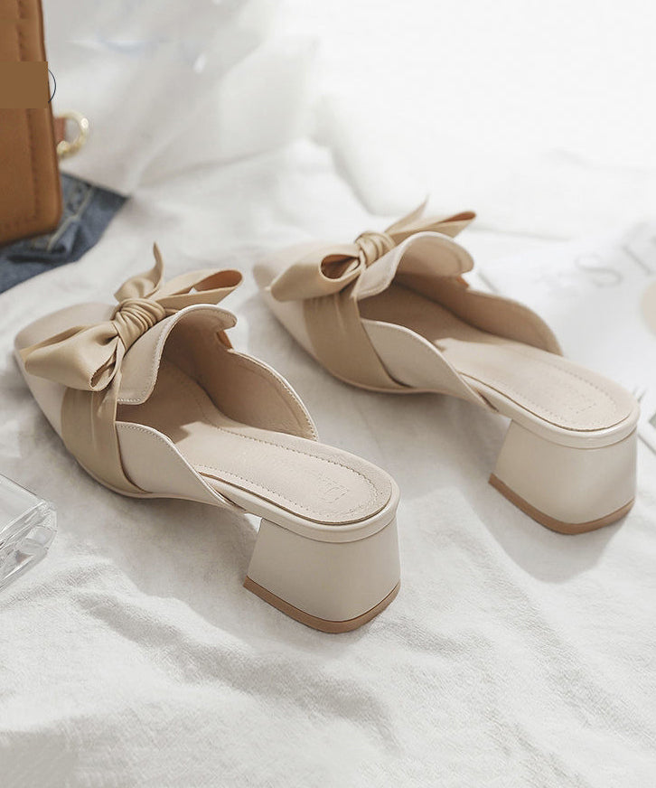 Bow Splicing Chunky Heel Beige Faux Leather