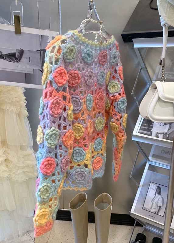 Rainbow V Neck Hollow Out Knit Cardigan Fall