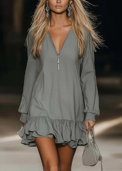 Boutique Grey Ruffled Patchwork Cotton Mid Dresses Fall