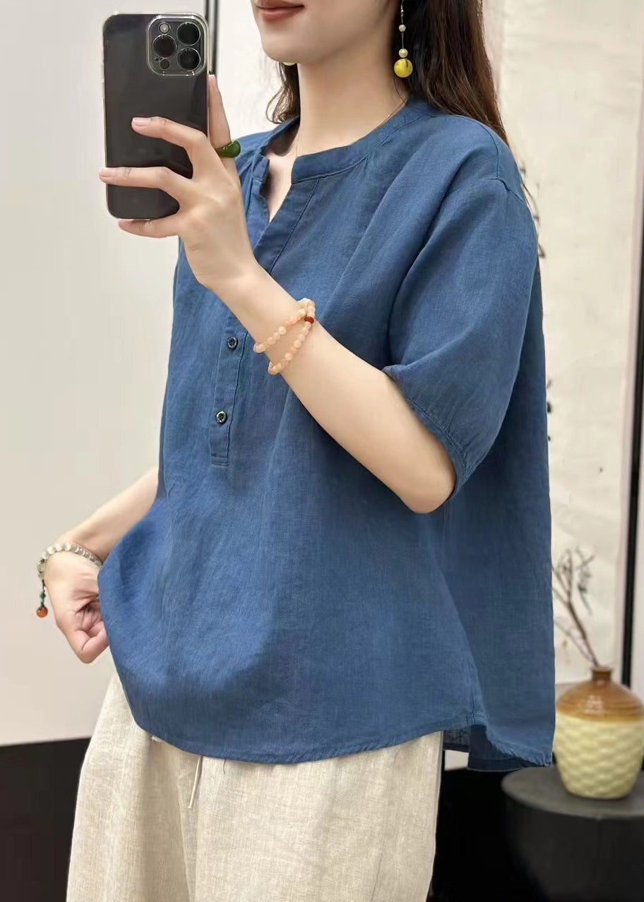 Fine Blue V Neck Button Linen Top Summer
