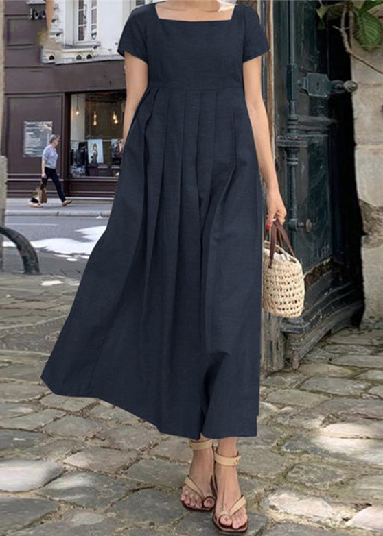 Apricot Square Collar Wrinkled Cotton Long Dress Summer