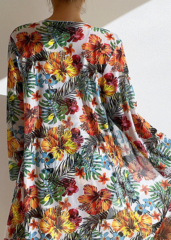 Grey Printed Long Top Three Piece Swimsuit Set