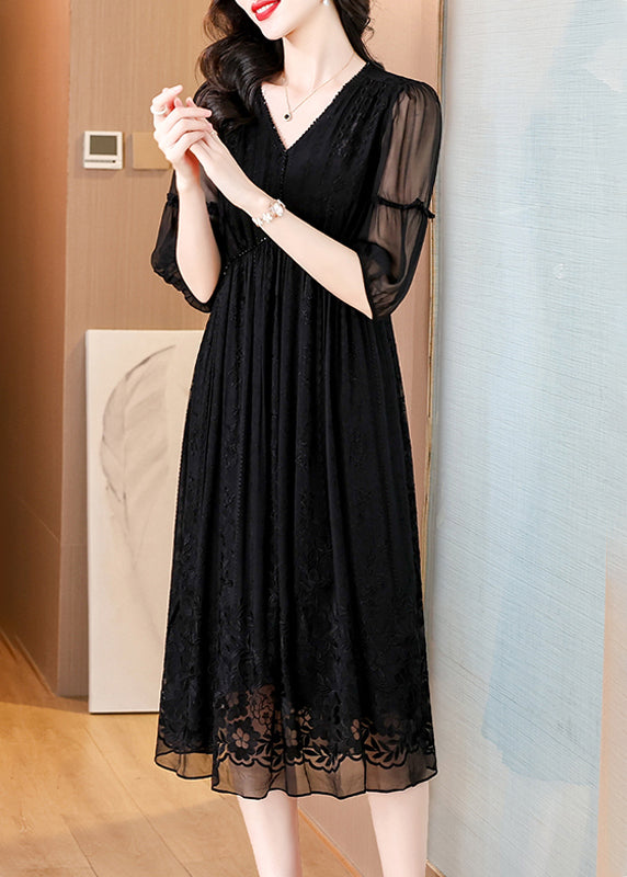 Black V Neck Embroidered Wrinkled Silk Dress Summer