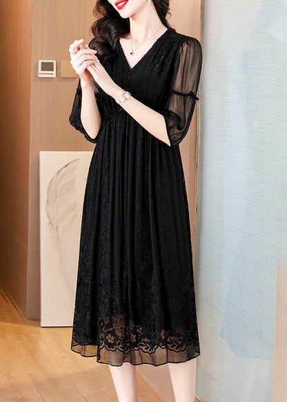 Black V Neck Embroidered Wrinkled Silk Dress Summer