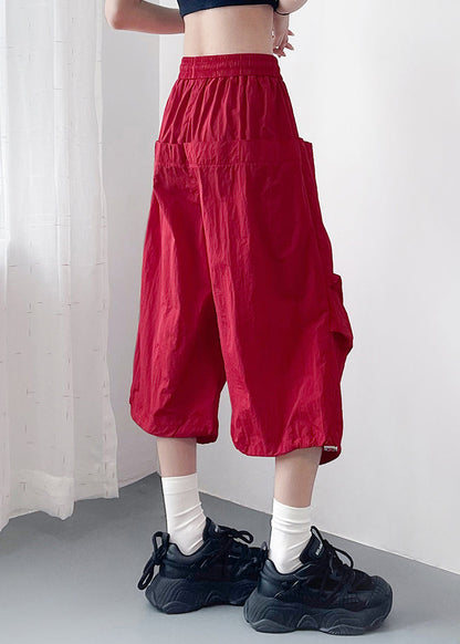 Red Pockets Elastic Waist Cotton Crop Pants Summer