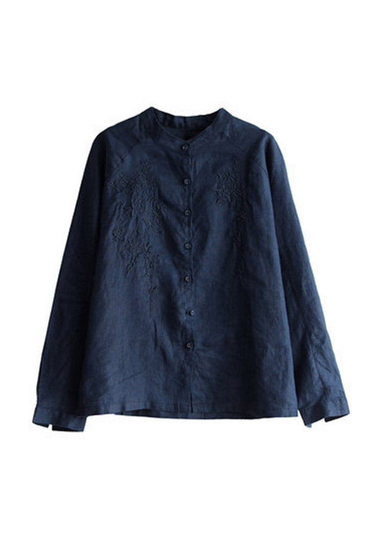 Chocolate Stand Collar Embroidered Button Linen Shirts Long Sleeve