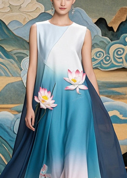 Gradient Blue Lotus Print Chiffon Long Dress Summer