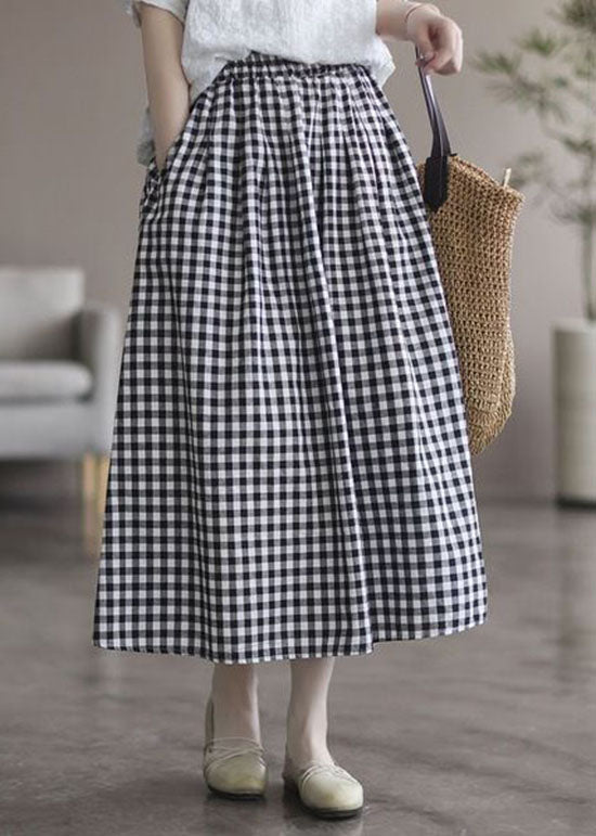 Plaid Wrinkled Pockets Patchwork Cotton Skirts Summer