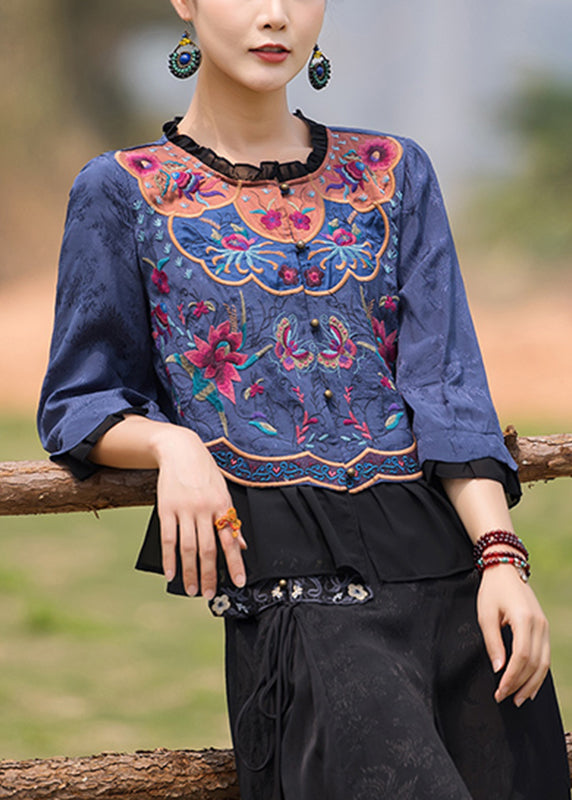 Light Blue O-neck Button Chiffon Top Long Sleeve