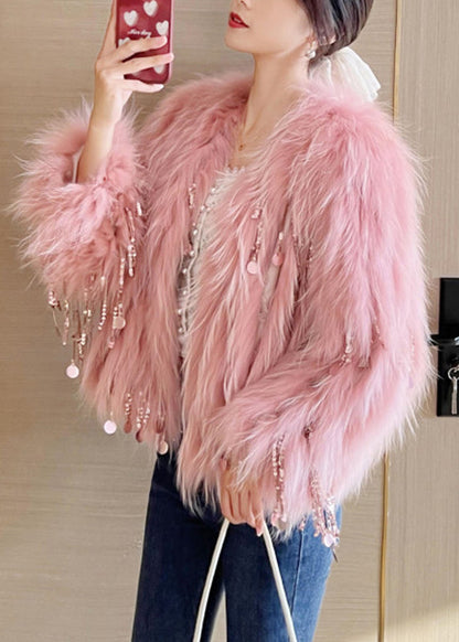 Pink O-neck Tassel Leather and Fur Coats Winter