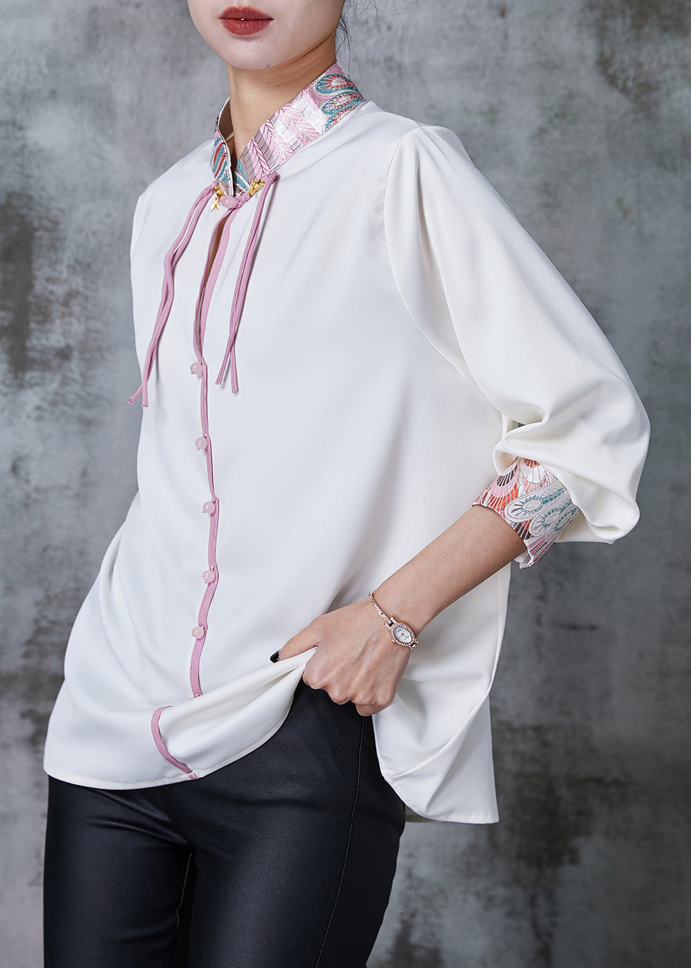 White Embroidered Chiffon Oriental Shirt Spring