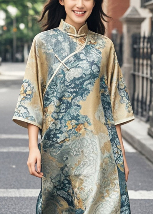 Khaki Print Side Open Silk Oriental Dress Bracelet Sleeve