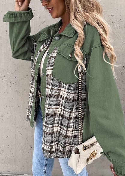 Loose Light Blue Peter Pan Collar Plaid Patchwork Denim Jackets Fall
