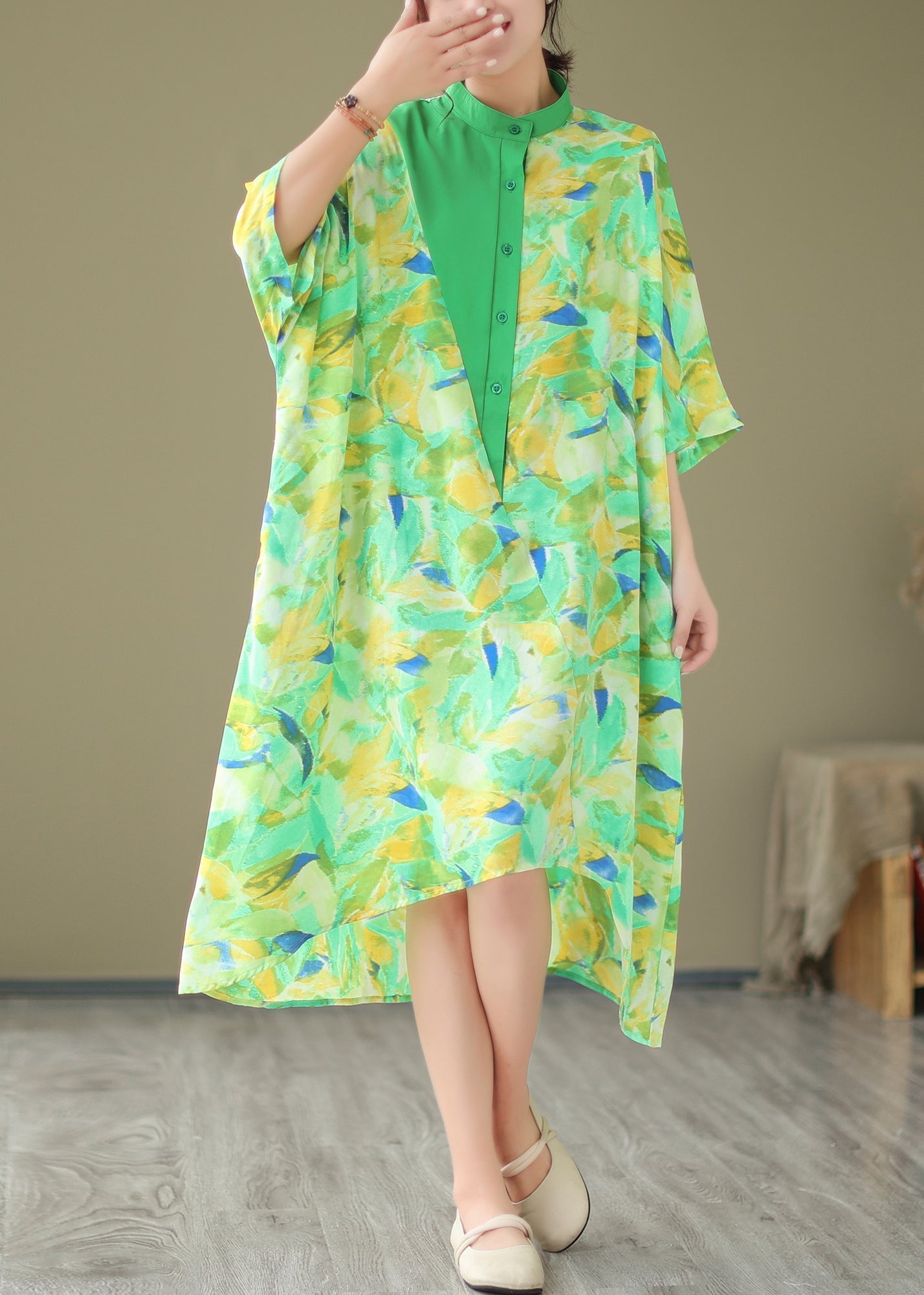 Summer New Green Spliced Tie Dyed Shirt Dress