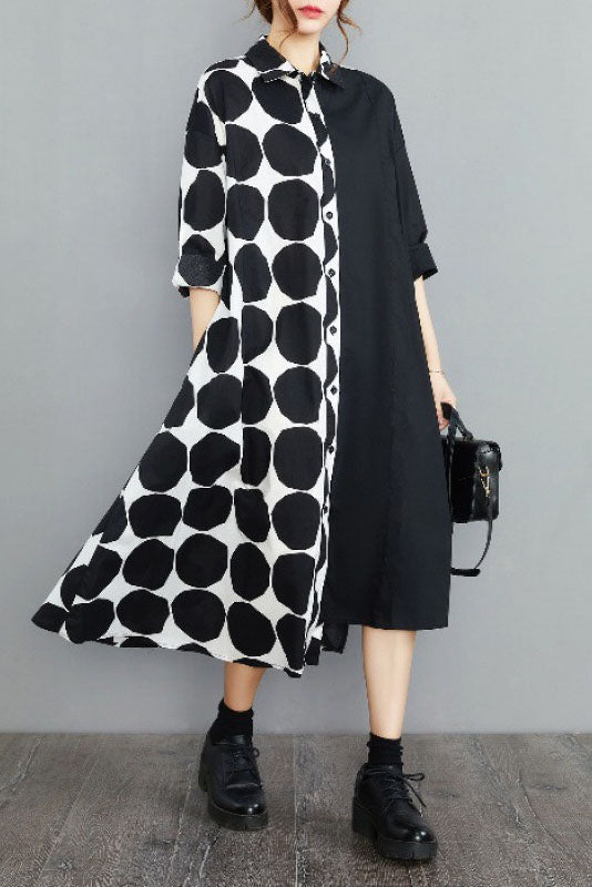 Spring Polka Dot Colorblock Lapel Shirt Dress