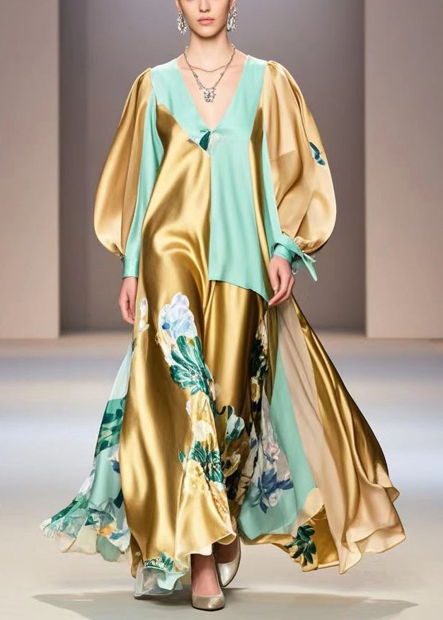 Golden Asymmetrical Patchwork Print Silk Vacation Dress Fall