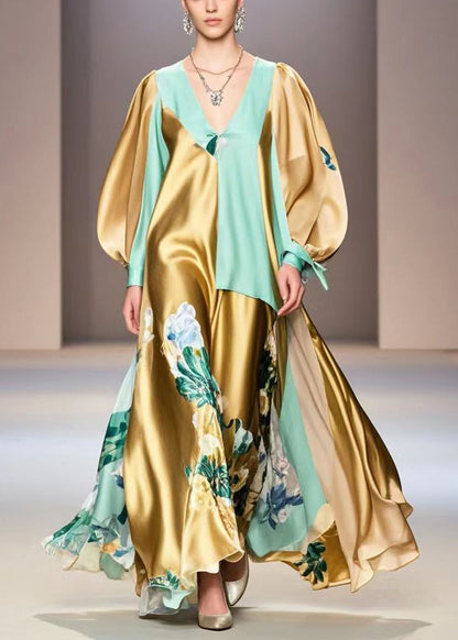 Golden Asymmetrical Patchwork Print Silk Vacation Dress Fall