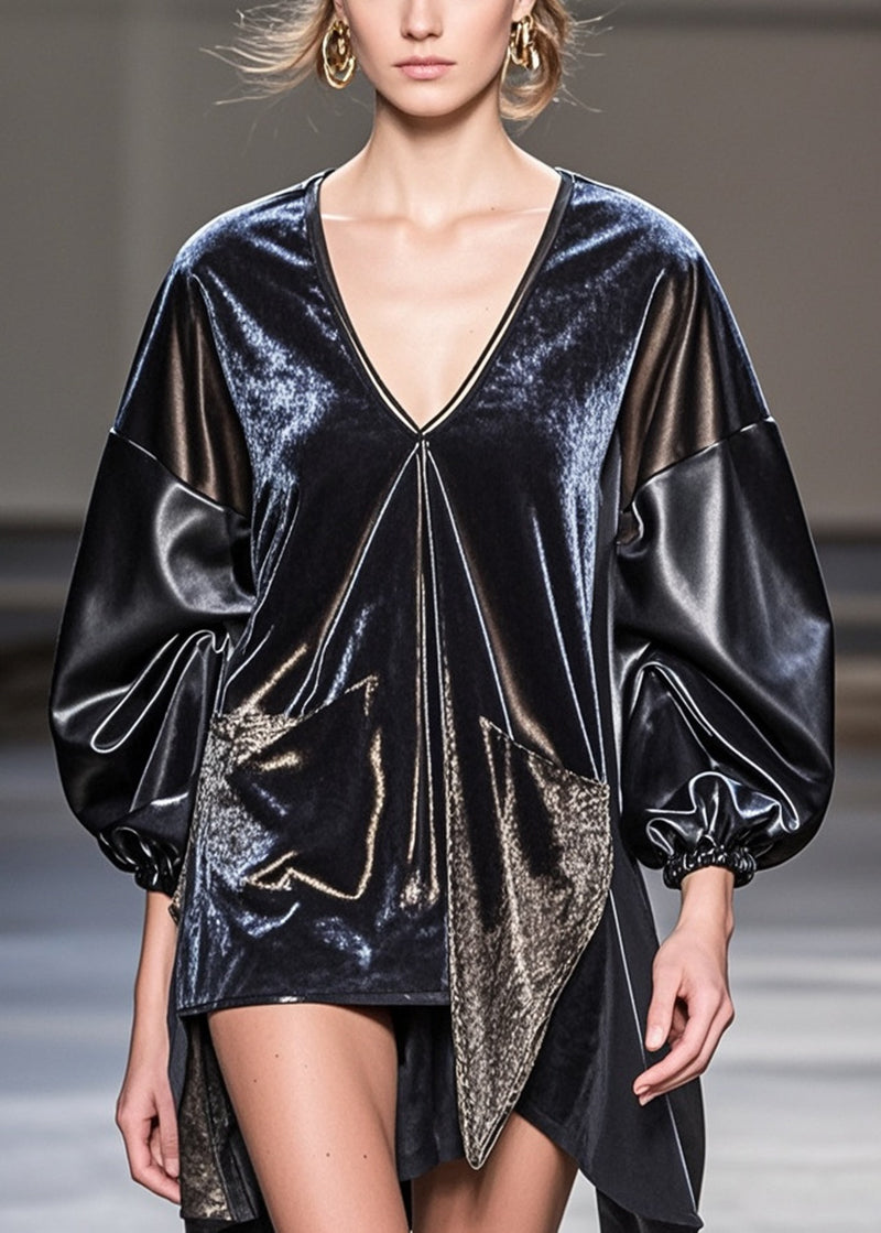 Original Design Black Asymmetrical Pu Patchwork Silk Velour Top Fall