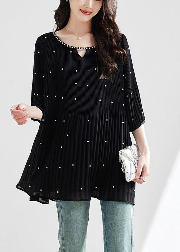 Modern Black O-neck Nail Bead Silk Top Half Sleeve