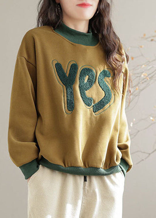 Yellow Embroidered Patchwork Warm Fleece Pullover Sweatshirt Spring