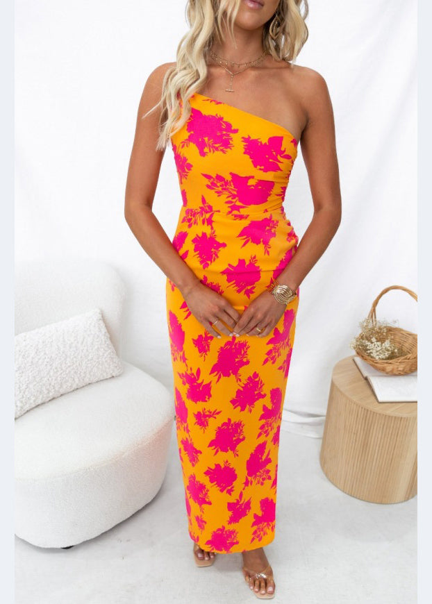 Slim Fit Orange One-shoulder Backless Print Cotton Maxi Dresses Summer